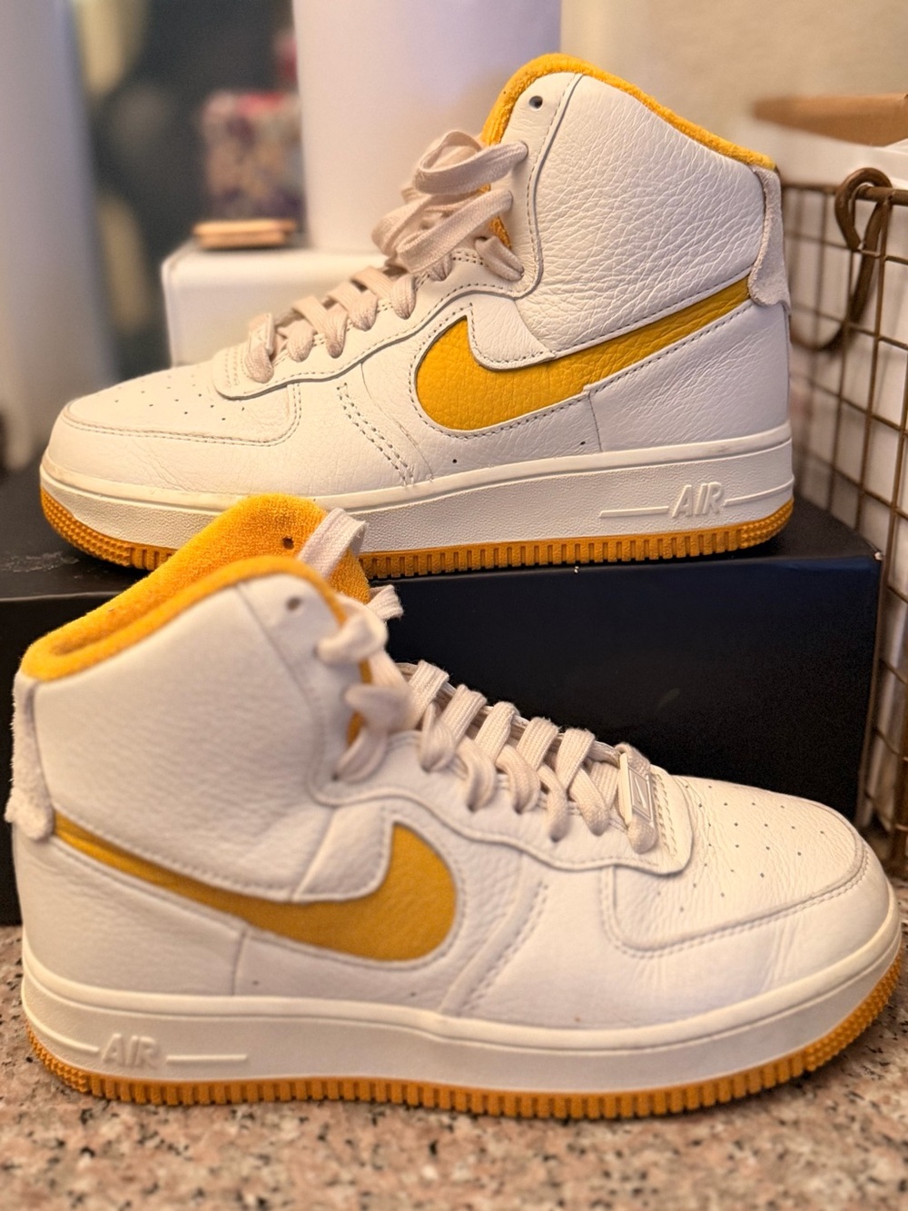 Nike White and Yellow High-Top Athletic Sneakers